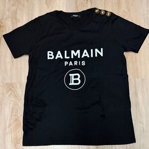 Balmain Black Tee with Gold Button Detail